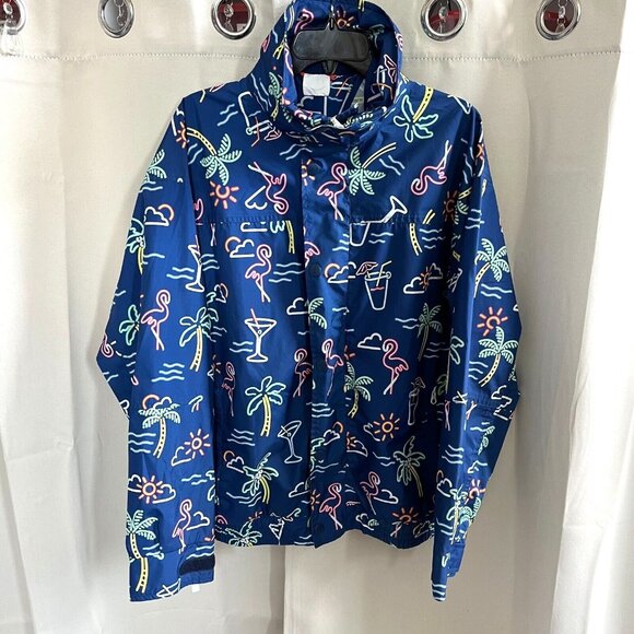 CHubbies Swim Jacket Medium Blue Neon Y2K Flamingo Full Zip Pockets Beach 16775